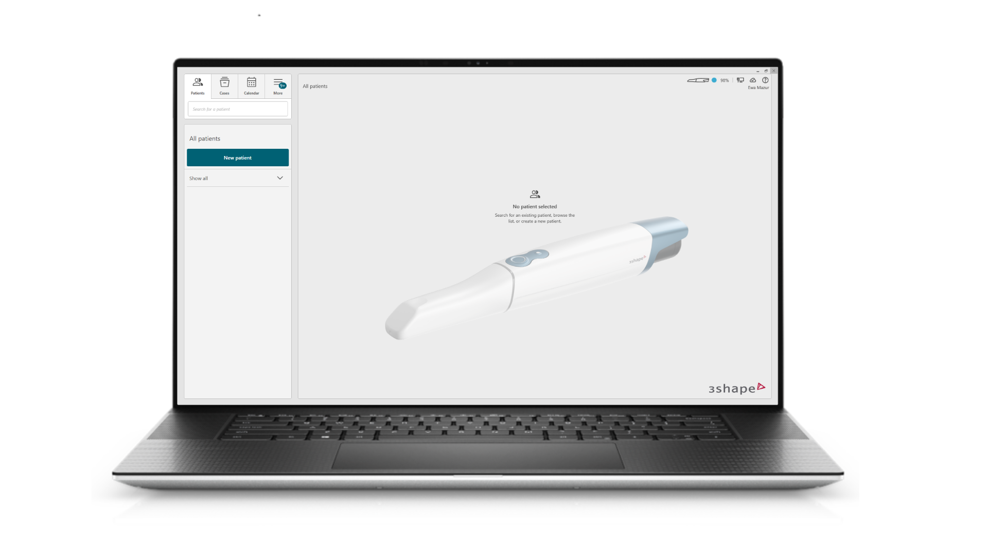 Laptop displaying TRIOS scanner interface